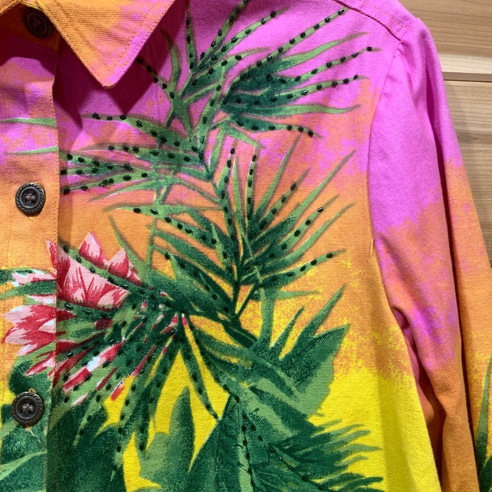 Floral Button Down Jacket Tropical Print Bead Embellished Collared Colorful XL - Picture 8 of 14